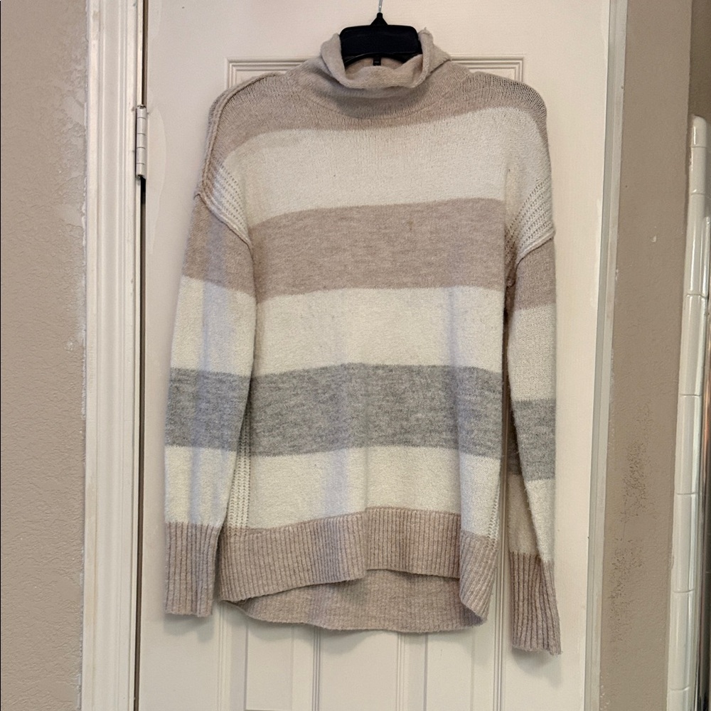 Striped Turtleneck Sweater - Beige, Gray, and White